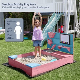 BELLEZE Wooden Sandbox, 49x39in Kids Sand Pit for Backyard, Outdoor Sandbox with Cover and Bottom Liner, Built-in Corner Seating, Bench Storage, Sand Toy Wall and Magnetic White Board (Pink)