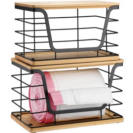 ALOCEO 2 Pack Large Garbage Bag Dispenser for 13/30/33 Gallon Bags, Potato and Onion Storage Baskets with Bamboo Lid, Stainless Steel Stackable Storage Bins for Kitchen Laundry Pantry Room