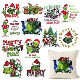 12 Sheets Christmas Iron on Transfers for T-Shirts Winter Xmas Heat Transfer Vinyl Design Cartoon Green Haired Monster Iron on Decals Patch for Hat Pillow Clothes Clothing Backpack DIY Craft Supplies
