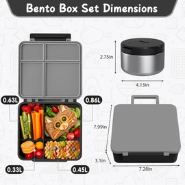 LOHASOK Bento - Fiambrera con termo de sopa de 8 onzas, recipientes a prueba de fugas con 4 compartimentos, tarro térmico de comida caliente y bolsa de almuerzo aislada para la escuela, color negro