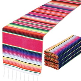 DomeStar - Juego de 2 caminos de mesa mexicanos tipo serape para fiesta, 14 x 84 pulgadas, con flecos de borla, vibrantes caminos de mesa a rayas para Cinco de Mayo, fiesta mexicana, boda y decoración