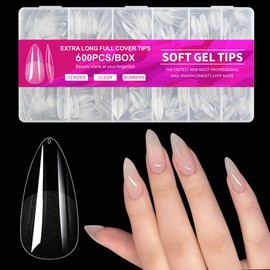 600 Piezas Tips para Uñas Soft Gel,Incluir 12 Tamaños,Uñas Postizas de Transparentes,Soft Gel Tips Acrilicas Postizas,Acabado Mate,No Requiere Lijado,Con Caja,para DIY Nail y Salones