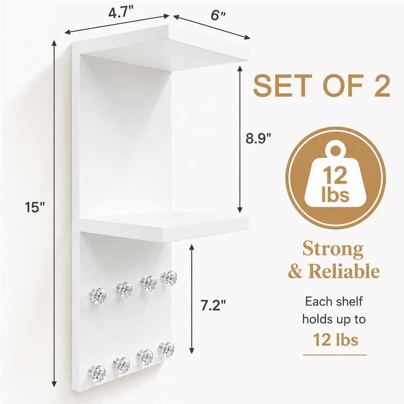2 Tier White Floating Vanity Wall Shelf with 8 Crystal