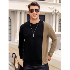 Hardaddy Men's Casual Contrast Color T-Shirts Long Sleeve Crew Neck Tee Top Colorblock Shirts Khaki L