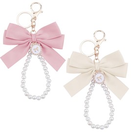 Pink Bow Keychain with Pearls Chain for Purses Accessories Beaded Keychain Wristlet for Girls Women Pearl Keychains for Bag Handbag Charms for Tote Bags Accessories Keychain Pink Bow Charms 2 Pcs