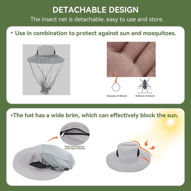 Grantop Midge Head Net Hat, Grey Nylon Mosquito Head Net