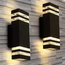 LANFU LED Wall Sconce Waterproof Porch Light 12W, Black Modern Waterproof Wall Lamps, 1000 Lumen, 2700k Warm White, IP65 Waterproof Outdoor Up/Down Light (2 PCS