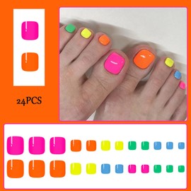 24 Pcs False Toenails with Glue - 12 Sizes Colorful Short Fake Toe Nails Tip - Full Cover French Toe Nail - Acrylic Press-on Extensions - Spring Summer Seaside for Women Girls
