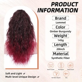 Lommel Ponytail Extension, Claw Clip Ponytail Extension for Women Long Wavy Pony Tails Hair Extensions Synthetic 20 Inch Clip in Ponytail Hairpiece for Daily Use(Omber Burgundy)