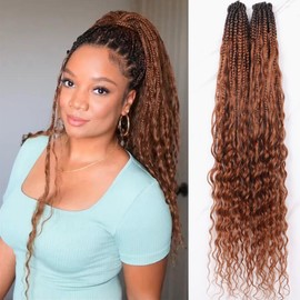 Crochet Boho Box Braids with Human Hair Curls Brown Curly Human Hair Boho Crochet Braids with Curly Ends Pre Looped Bohemian Crochet Braids for Black Women 24 Inch 2 Pack 80 Strands