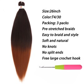 Pre-Stretched Braiding hair 26 Inch 3 Pack High Temperature Synthetic Extensions for Box Braids and Twists Wedding Makeup Styling (T4/30, 26inch)