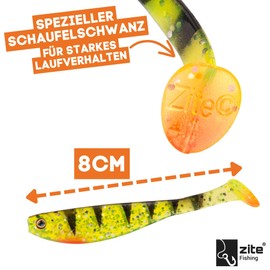 Zite Fishing Inzite Pershad 8 cm - Gummiköder für Hecht-Angeln - Bauchige Silhouette & kräftiger Schwantteller - 7 Stück - Jig, Finesse & Offset-Montagen auch Dropshot Angeln (Lightning Perch)