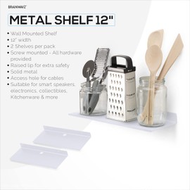 2-Pack 6" Floating Metal Wall Shelf for Books, Organizer, Speakers, Plants, Cameras, Books, Decor Display, Storage, Routers & More Wide Universal Holder Shelf by Brainwavz (White)