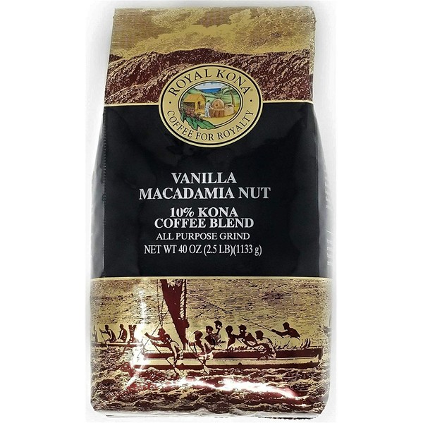 Royal Kona 10% Kona Coffee Blend, Vanilla Macadamia Flavor - Ground Coffee 40 Ounce Bag - PACK OF 2