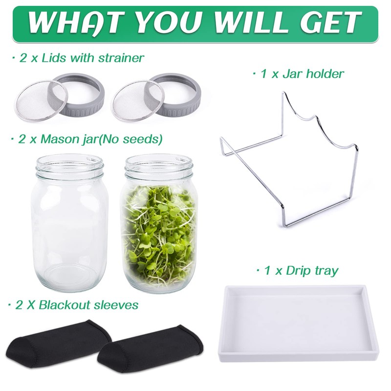 Kikerike Seed Sprouting Jar Kit with 2 Wide Mouth Mason