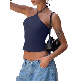 REORIA Womens Double Lined Tank Tops Backless Halter Tops Sleeveless Going Out Tops Summer Outfits Estate Blue Large