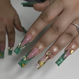 Long Press on Nails French TIip Fake Nails Long Square False Nails with Gold Designs Stick on Nails Bow Artificial Nails Cute Glossy Glue on Nails for Women 24Pcs