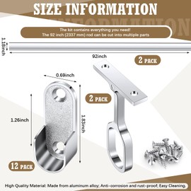 Tandefio 2 Set Oval Closet Rod Kit 92 Inch (2337 mm) Long with 12 End Caps and Center Support, Metal Closet Rods for Hanging Clothes, Heavy Duty Hanger Rod, Waterproof Rod for Laundry Room Curtains