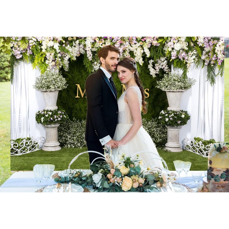 CRTPOD Wedding Backdrop Mr and Mrs White Curtain Floral Grass