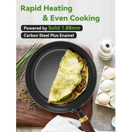 BrBrGo Enameled Carbon Steel Skillet, 9.5-Inch Nonstick Frying Pan, Stay-Cool Wooden Handle, Non Toxic, PTFE & PFOA Free Oven-Safe, Season-Free Carbon Steel Pan