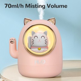 Lucky Cat humidifier, with LED Nightlights, Cute Animal Decor Warm Light Night Light for Bedroom Office, 400ML Desk Humidifiers, Quiet , 2 Mist Modes, for Room