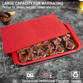 ECOIOU Grilling Prep and Serving Tray with Lid, BBQ Deep Tray for Marinating Raw and Cooked Food, Melamine Serving Trays for Food, Black and Red