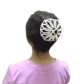 "Honbay Hair Bun Cover Elastic Handmade Crochet Hair Net Snood with Pearls and Rhinestones for Ballet, Dance, Skating, etc (White)"