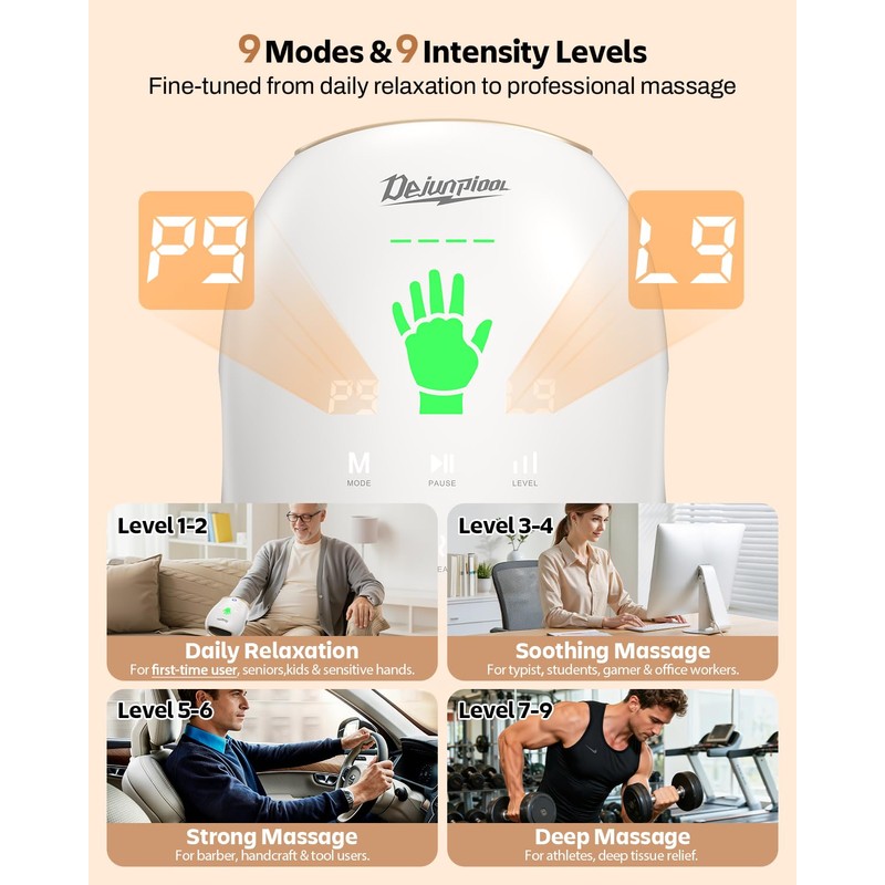 DEJUNPIOOL Hand Massager with Heat and Compression, Finger Stretch &