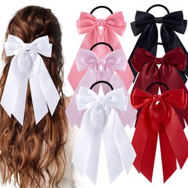 hisial 6Pcs Bow Hair Ties No Damage Ponytail Holders Hair Bows Ribbon for Women Fashion Bows Accessories for Girls Elastic Hair Bands(White/Pink/Red/Black)