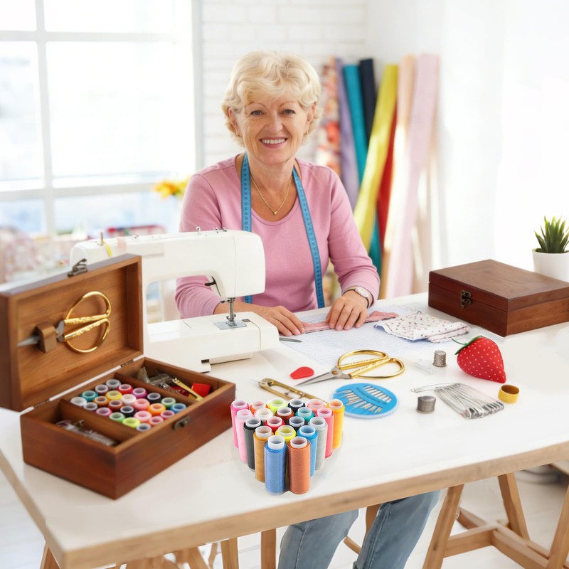Winmist Glimpse Sewing Kit Wooden Sewing Box with Accessories Retro