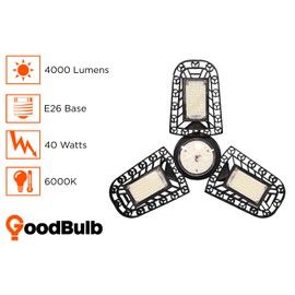 60W LED Garage Light | 8000 Lumens with Adjustable Multi-Position Panels | 6000K Full Spectrum LED Garage Lighting | 60 Watt Medium E26 Base | Ideal Garage & Workshop Light | 1 Pack by GoodBulb