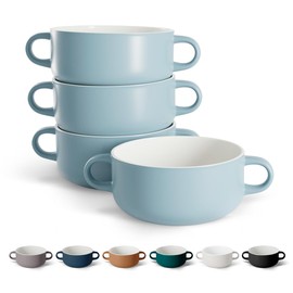 KooK Soup Crocks, Ceramic Bowls, Broil, Oven, Microwave and Dishwasher Safe, with Handles, For Casserole, Pasta, Cereal, 18 oz, Set of 4 (Pale Blue)