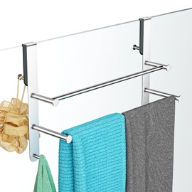 Frameless Glass Door Shower Towel Rack, Double Bar, 8 Hooks, Silver Steel | Drill-free Bathroom Towel Rack with Silent Scratch-free Pads, Ample Storage, Heavy Duty, Waterproof, Rustproof & Easy Setup