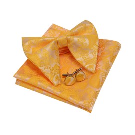 GUSLESON Paisley Gold Yellow Bow Tie and Pocket Square Cufflink Set Adjustable Pre-tied Big Bowtie (0613-05)