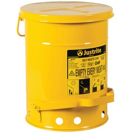 Justrite 6 Gallon Galvanized Steel Oily Waste Can, 16" x 12" Metal Oil Rag Safety Can With Foot Operated Self-Closing Lid for Oil Rag Disposal, Made in the USA, Yellow, 09101