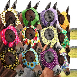 Qualirey12 Pieces Horse Fly Mask Bulk Comfortable Elasticity Mask for Horses with Ears Net UV Protection Breathable Horse Supplies Face Covering for Horse Pony and Foal (Flower Patterns, Large)