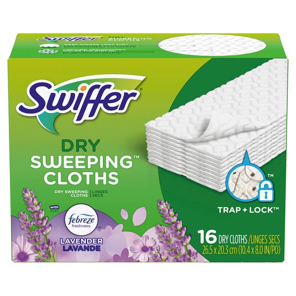 Swiffer Sweeper Dry Sweeping Cloths, Mop and Broom Floor Cleaner Refills, Febreze Lavender Vanilla and Comfort Scent, 16 Count
