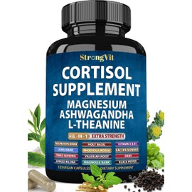 StrongVit Cortisol Supplements for Women and Men with Magnesium, Ashwagandha & L-Theanine. High Cortisol Reducer, Manager, Detox, Lower and Control. Sleep Support & Stress Relief, USA (120 Capsules)