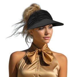 Women Ponytail Sunscreen Pleated Visor Hat, Foldable Beach Picnic Hat with UV Protection for Women Young Girls Black