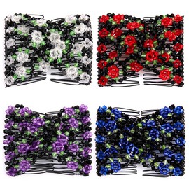 Umibow 4 Pcs Magic Easy Combs Stretchable Double Hair Comb Clips Hair Bun Makers Elastic Beaded Rose Hair Clips Hair Accessories for Women Girls