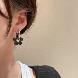 Cimenexe Bohemian Enamel Flower Dangle Earrings Black Hollow Flower Drop Earrings Large Circle Hoop Stud Earrings Black Acrylic Flower Hoop Earrings Jewelry for Women