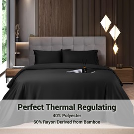 Shilucheng 4-Piece Queen Size Sheets Set，Blend of Rayon Derived from Bamboo_Sheets，Cooling & Breathable Bed Sheets, Silky Bedding Sheets & Pillowcases, 16 Inch Deep Pockets (Queen,Black)