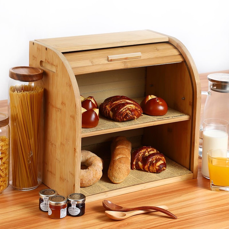 G.a HOMEFAVOR Bread Box, 2 Layer Bamboo Bread Boxes for