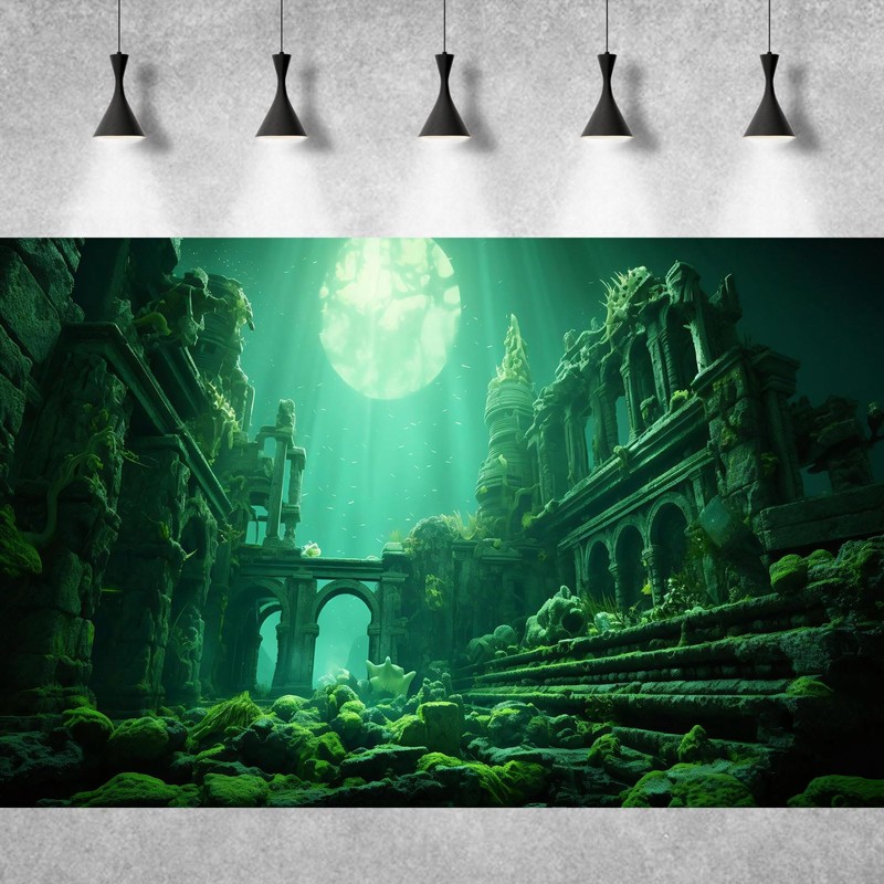 Underwater Aquarium Background Undersea Roman Building with Plants Around Seabed