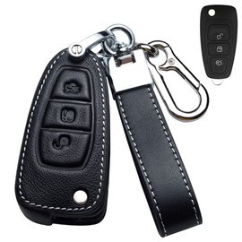 ontto Leather Car Key fob Cover fit for Ford Focus Mondeo Fusion Fiesta Ka Kuga S-Max 2011-2017 Flip Key case Key Holder Key Shell Keychain Keyring Protective Accessories Black