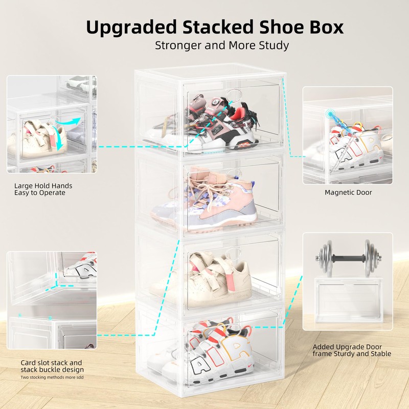 LEKSOGS 8 PACK Shoe Boxes Clear Plastic Stackable, XL Clear