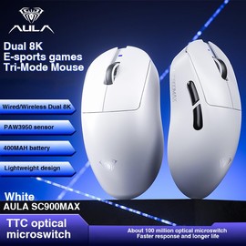 AULA SC900 Max Wireless Gaming Mouse, 30000 DPI, 750IPS, PAW3950 Sensor, 62g Lightweight Mouse, Tri-Mode 2.4Ghz/Type-C/BT5.0, Dual 8KHz Polling Rate with Rechargeable Mouse for PC/Mac/Linux(White)