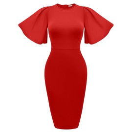 Memoriesea Women's Basic Bodycon Ruffle Flared Short Sleeve Pencil Midi Dress Red