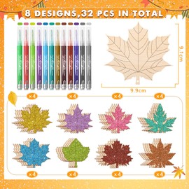 Vercraft 32 Pcs Unfinished Wooden Maple Leaves for Craft with 12 Glitter Acrylic Markers, Blank Wooden Leaves Cutouts Fall Leaves Ornaments for Painting DIY Thanksgiving Autumn Party Decoration