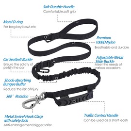 Hotsky Tactical Dog Leash Heavy Duty,4-6Ft Strong Bungee Shock Absorbing Lead with Padded Double Handle,Car Seatbelt,Metal Carabiner Clip,No Pull Leash for Small Dogs,Black